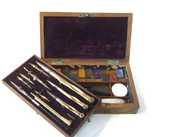 Drafting and Painting Box with key Double Wooden Box Compass and Watercolor Tools Drafting Painting wooden Box Drawing Instrument End 19th