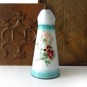 French Enamel Water Pitcher with flower decor Large enameled water Jug with pansy decor Circa 1900