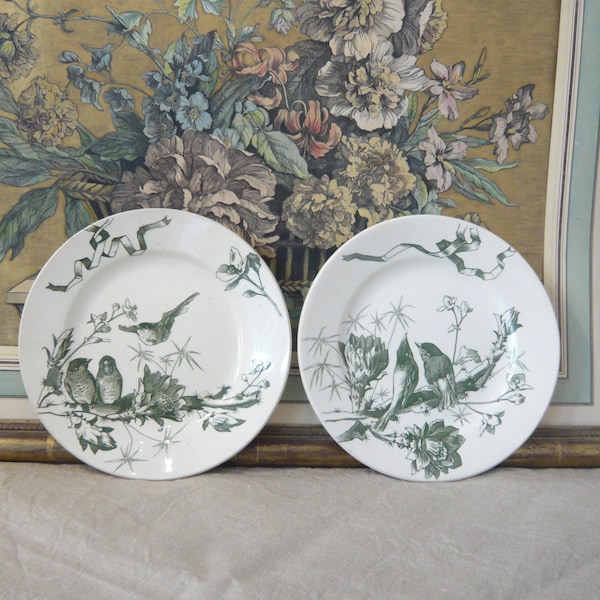 Assiettes plates vertes terre de fer à décor d'oiseaux et de fleurs Nouveau Dépôt Paris Fin XIXe Lot de 2 assiettes diamètre 21 cm