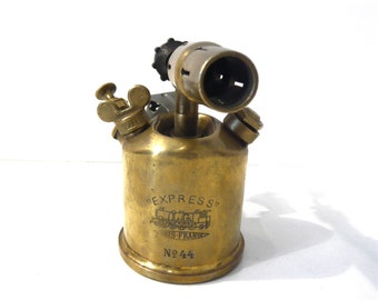 Brass Blowtorch Express 44 Unis France with steam train decor Railway tools Old tools French Industrial Decor Workshop Decor