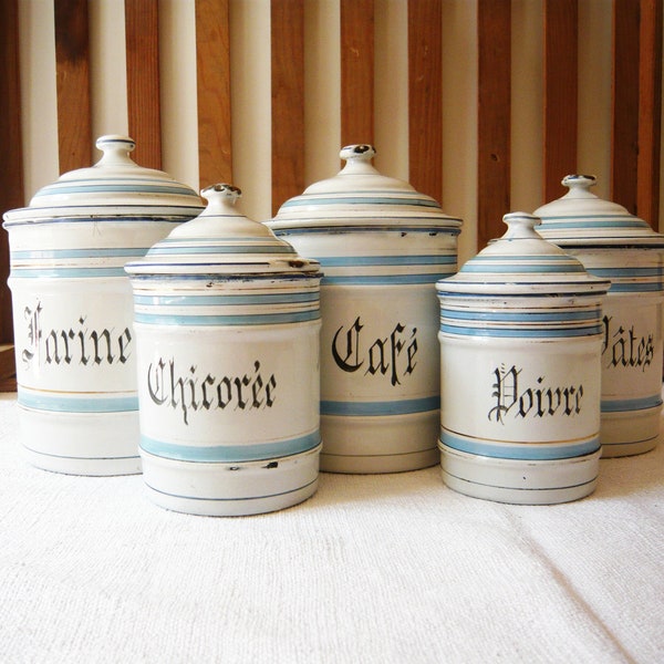 Kitchen canisters set for Kitchen Enamel canisters Set of 5 Kitchen Canisters Kitchen Decor 1930s  French Farmhouse Decor