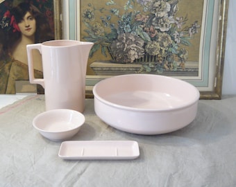 French Antique Toilet Set from Digoin Sarreguemines France Pink ironstone washing set 4 Pieces Pitcher and Basin Soap Dish Cotton Bowl 1930s