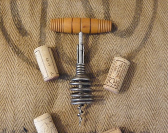 Antique spring corkscrew with turned wooden handle Wine Bottle Opener Kitchen Wine Accessories 1930s