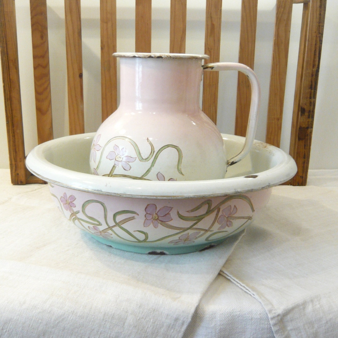 Enamel Bathroom Set Wash Basin and Jug Bathroom Decor French Country Decor Antique Bathroom ...