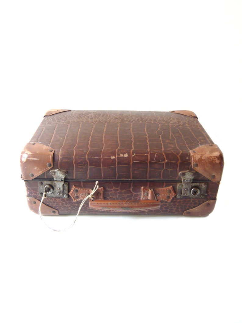 Vintage Suitcase with Key Retro metal and leather Suitcase from 1900-1930s Home Decor Storage Industrial decor