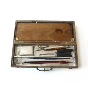 Antique Paint Box with its key and folding Palette Artist Box Art Supplies Wooden Drawing Box Painting Calligraphy 1900s