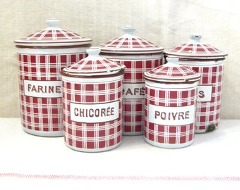 Canisters Set for Kitchen Brand BB French antique Enamel Canisters Set of 5 Kitchen Canisters Kitchen Decor 1930s Enamel Canisters set