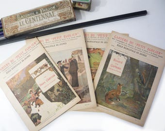 Quaderni scolastici vuoti, Favole di La Fontaine, Set di 4 quaderni "Petit Ecolier", Stampato da E. Douste, Parigi, Fine XIX/Inizio XX secolo