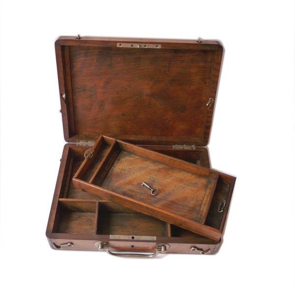 Wooden Box with Key and Tray Desk Organizer Desk Decor Craft Organizer 1930s