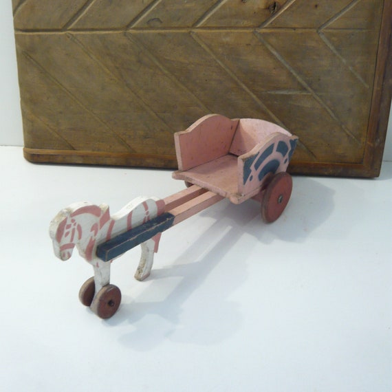 Attelage miniature en bois Charrette en bois cheval de trait en bois animaux  de la ferme en bois Jouet ancien Jouet de collection 1930 -  France