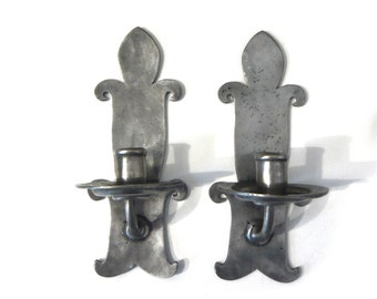 Pair of fine pewter from Paris candlesticks H26 cm Wall candlesticks Fleur de lys Wall-mounted candle holder 19th Set of 2 candlesticks