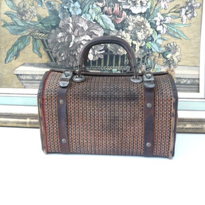 French antique woven wicker basket Small antique basket with leather handles and straps Collectible basket Home decor 1900s