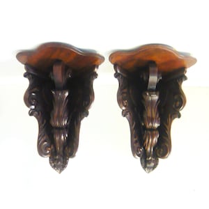 Pair of antique wooden corner Pedestals Antique corner consoles Wooden shelves Antique wall sconces Corner shelves End 19th - Beginning 20th