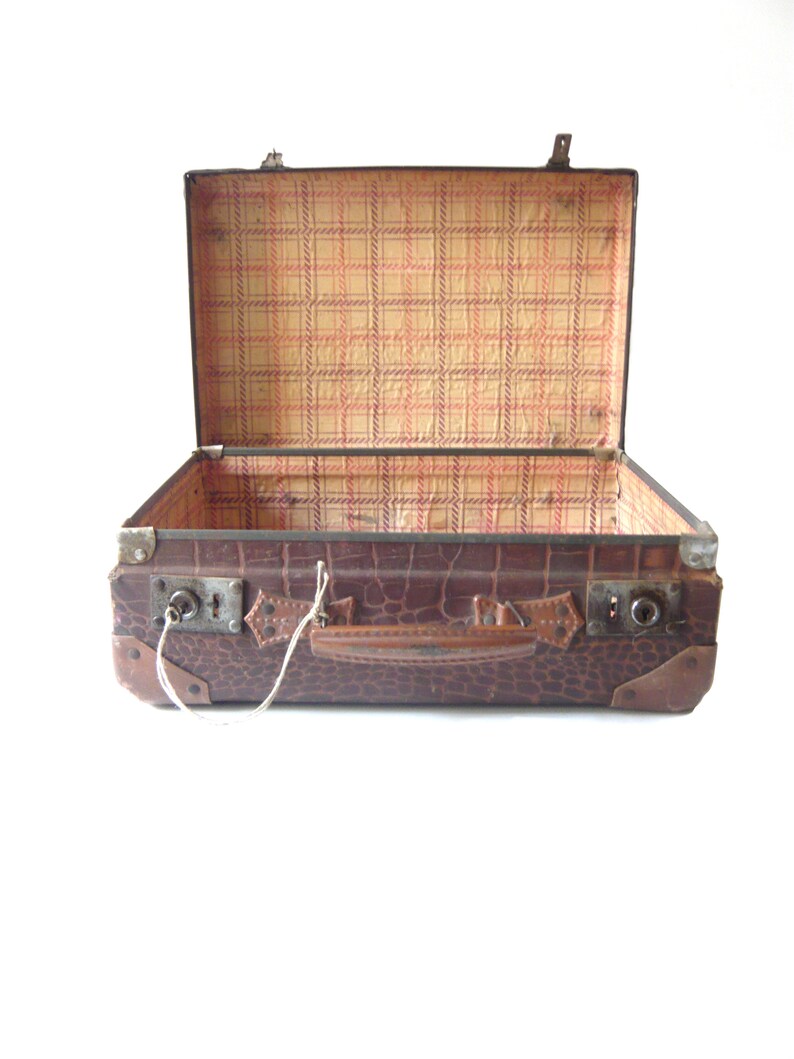 Vintage Suitcase with Key Retro metal and leather Suitcase from 1900-1930s Home Decor Storage Industrial decor