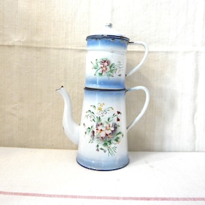 French Enamel Coffee Pot French Enamelware French Floral decor bunches of flowers Kitchen Decor Circa 1900-1930s