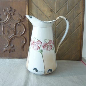Art Nouveau enameled Jug Large enamel water pitcher with floral decor on cream background French Country Decor Circa 1900