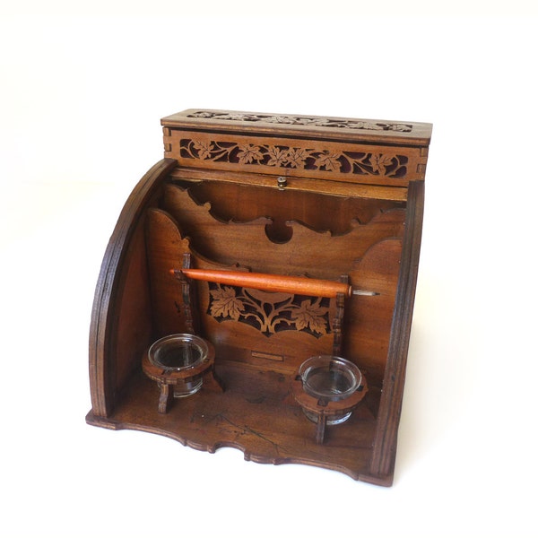 Antique Inkwell and Desk Organizer with Sliding Tambour Door - Cut out wood desk decor