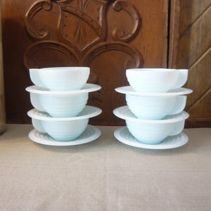 French vintage tea set or coffee set Art Deco Style Set of 6 sky blue opaline cups and saucers