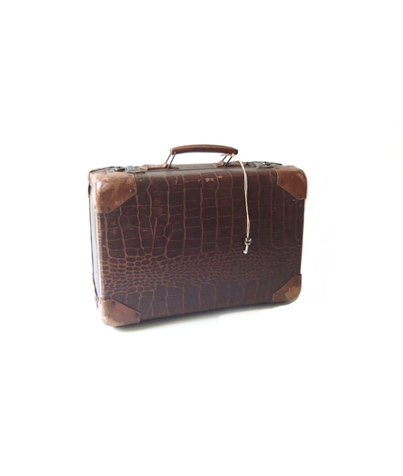 Vintage Suitcase with Key Retro metal and leather Suitcase from 1900-1930s Home Decor Storage Industrial decor