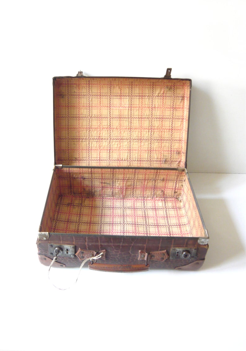 Vintage Suitcase with Key Retro metal and leather Suitcase from 1900-1930s Home Decor Storage Industrial decor