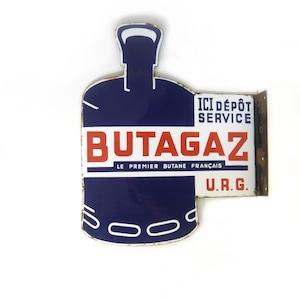 French sign Double sided enameled sign Enamel advertising sign blue BUTAGAZ Gas bottle Industrial Decor collectible 1940-1950s