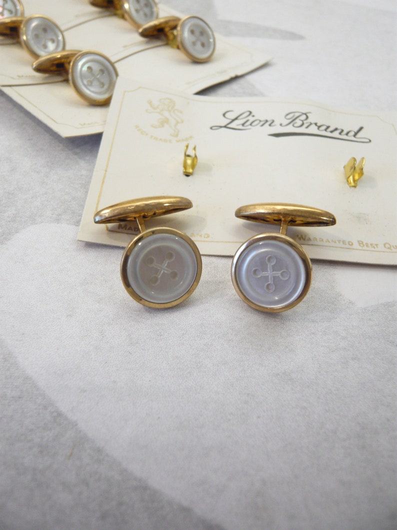 Art Deco mother of pearl cuff links toggle closure with button decor Golden Cufflinks 1930s Old stock Lion Brand 1 pair Vintage jewelry image 5