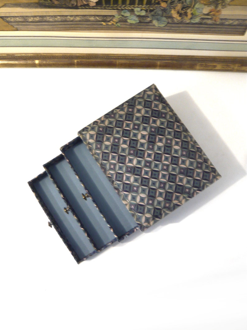 May include: An open jewelry box with a patterned lid. The box is blue with three compartments, each with a small gold-colored clasp. The lid features a geometric design in shades of blue, green, and beige.