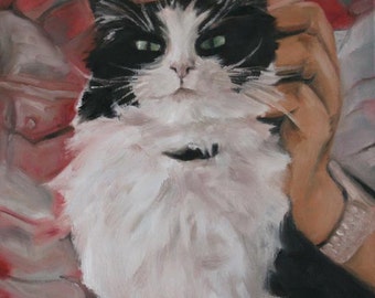 Original Fine Art High Quality Oil Painting Pet Cat Kitten Feline Hands Portrait