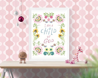 Child of God, baptism gift, christian, child wall art, floral art, LDS, mexican folk art, sending love, God, bedroom wall art