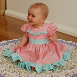 Betty Lou Girl&#39;s Vintage Style Ruffled Bodice Dress, Instant Download PDF Sewing Pattern, 3-6m to 10
