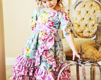 ビクトリア朝ロマンスガールズドレスの即時ダウンロードPDF縫製パターン、サイズ3-6Mから10