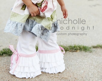 Patrón de costura en PDF de descarga instantánea: pantalones capri o largos con triple volante para niña más lindos del mundo, tallas 3-6 M a 8