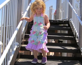 Patrón de costura en PDF y tutorial Traje de sol mameluco reversible con volantes para niña tallas 6-9M a 6