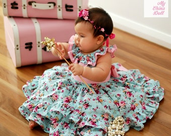 Descarga instantánea PDF Patrón de costura Lily Mae Swooping Ruffle Dress Girls Tallas 3-6M a 10