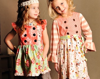 Canela Azúcar Doble Pecho Top & Vestido PDF Patrón de Costura Flutter o Mangas Largas de Punto Niñas Sz 6-12M a 12