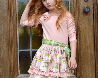 Evaline Pintucks and Roses Knit Bodice Dress w Ruched Sleeves Girls Sizes 3-6m to 11/12
