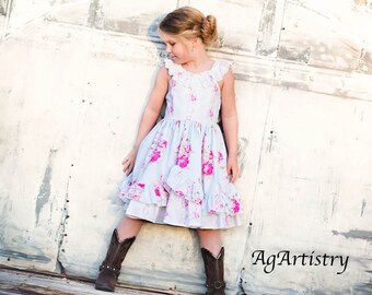 Instant Download PDF Sewing Pattern Lily Mae Swooping Ruffle Dress Girls Sizes 3-6M to 10