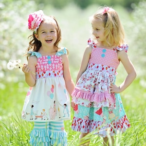 Huckleberry Girl&#39;s Flutter Apron Dress or Top Instant Download PDF Sewing Pattern Tutorial, Sizes 3-6M to 10