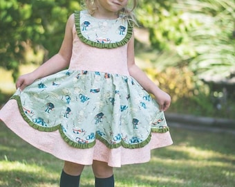 Esther Rose Bib/Yoke Girls Dress w/ Scalloped Panels Instant Download PDF Sewing Pattern