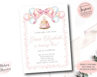 Watercolor Girl's Grandmillennial First Birthday Invitation, Classic First Birthday Party,Preppy Birthday Invitation, crest invitation, cake