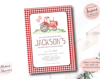 Red Tractor Birthday invitation, farm birthday invitation, Printable Invitation, Tractor birthday,Tractor party, Editable instant download