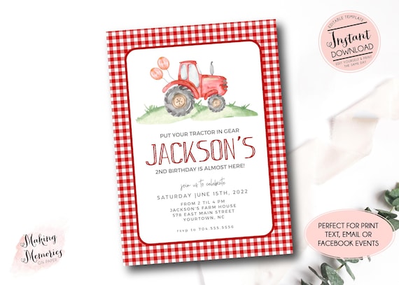 Red Tractor Birthday invitation, farm birthday invitation, Printable Invitation, Tractor birthday,Tractor party, Editable instant download