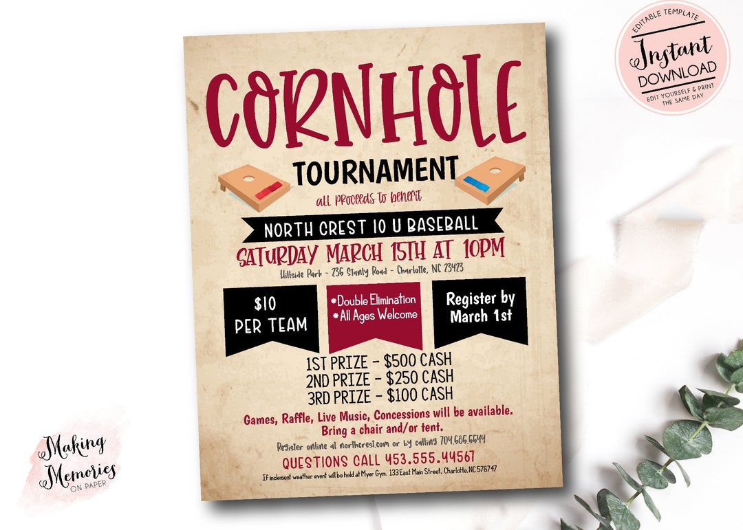 Cornhole Tournament Fundraiser Flyer, Editable Cornhole Template