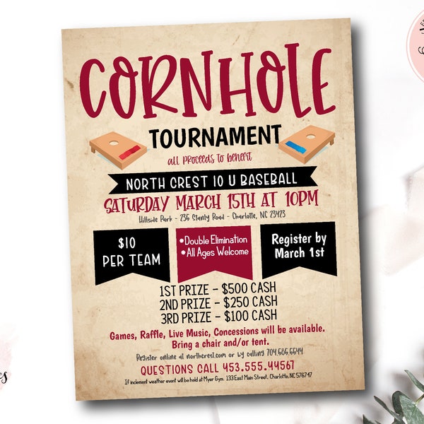 Cornhole Tournament Fundraiser Flyer, Editable Cornhole Template, Sports Fundraiser, pto pta Church School Charity, Corn Hole Invitation