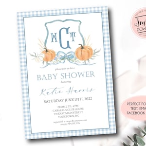 Inbjudan till pumpa-babyshower, pojkeshowerinbjudan, blå gingham, pumpa med monogramvapen, liten pumpa, höstbabyshower för pojke
