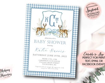 Editable Deer Baby Shower Invitation, Deer Hunting Baby shower invite, Boy baby shower, Edit yourself Instant Download, Deer Crest Monogram