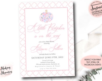Pumpkin Baby Shower Invitation, A little pumpkin fall baby shower, girl pumpkin invitation, INSTANT DOWNLOAD, preppy pink gingham pumpkin