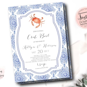 May include: An invitation to a crab boil with a blue and white patterned background. The invitation features a watercolor illustration of a crab and the text "Join us for a Crab Boil at the home of Katlyn & Harrison Sat 20 Oct From 2 to 4 PM Susan Shepard's Home 309 McClain Road Enon Valley, PA 16120 Please bring a side dish to share RSVP".