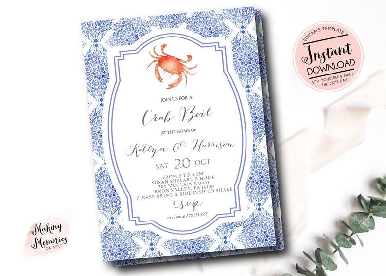 May include: An invitation to a crab boil with a blue and white patterned background. The invitation features a watercolor illustration of a crab and the text "Join us for a Crab Boil at the home of Katlyn & Harrison Sat 20 Oct From 2 to 4 PM Susan Shepard's Home 309 McClain Road Enon Valley, PA 16120 Please bring a side dish to share RSVP".