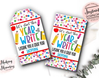 May include: Two colorful printable gift tags with confetti backgrounds. The text on the tags reads "Let's start this year off write" and "Wishing you a great year".